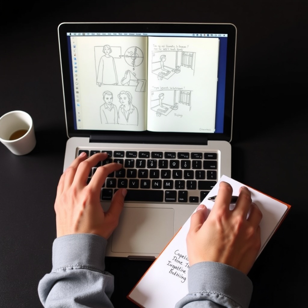 Hands working on laptop and sketchbook