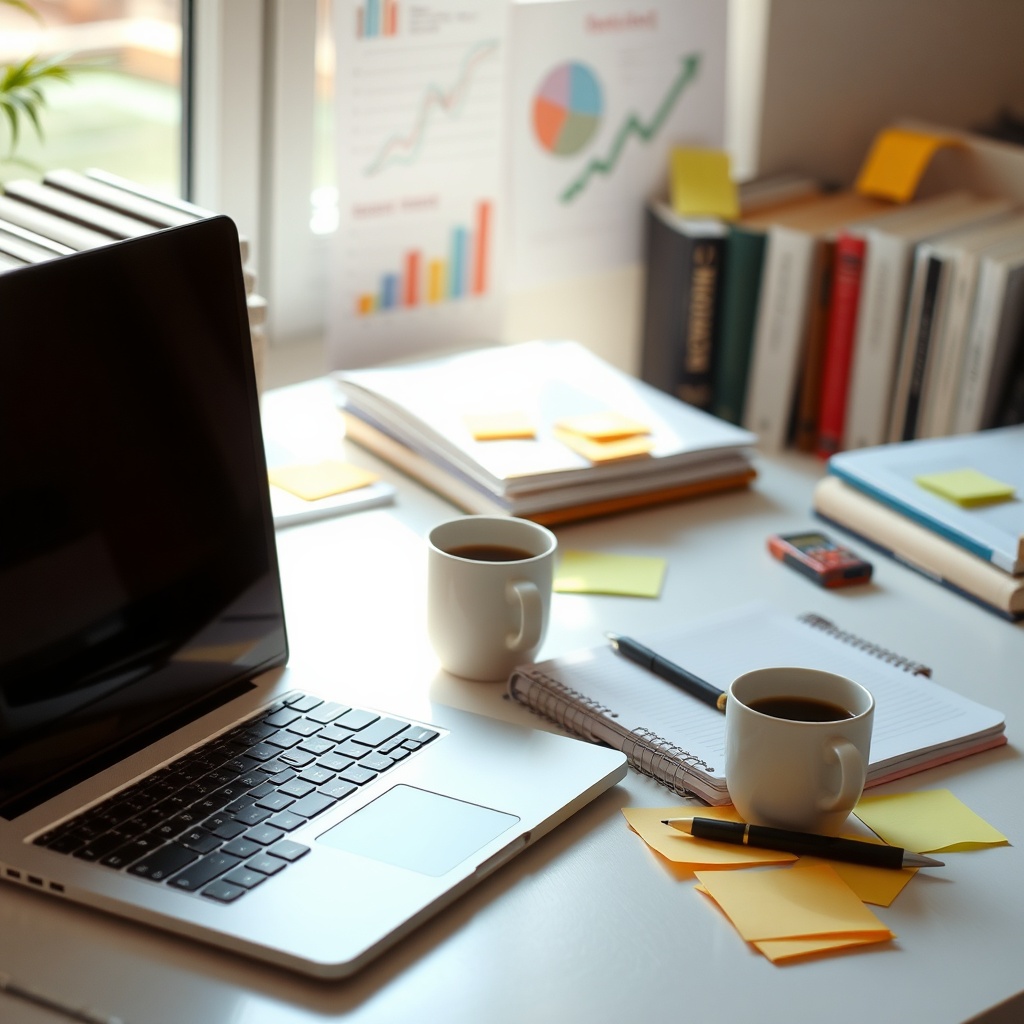 Organized workspace with laptop, notebook, and coffee symbolizing learning and productivity