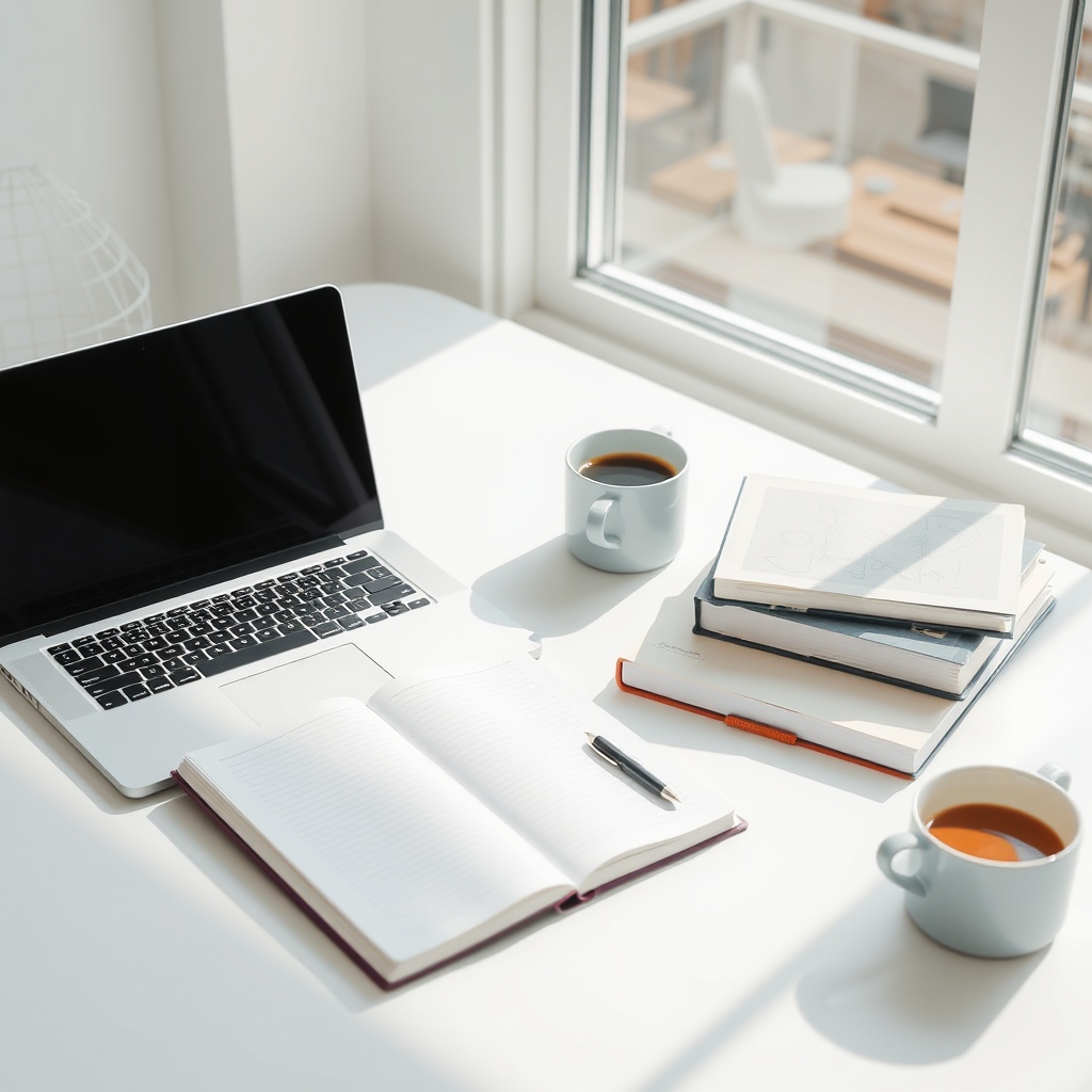 Workspace with laptop, books, notebook, and coffee