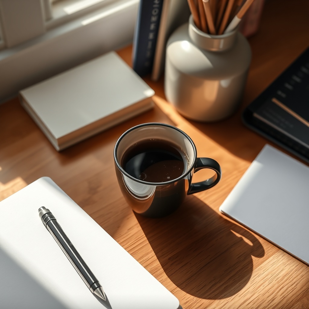 Tidy study desk with notebook and pen