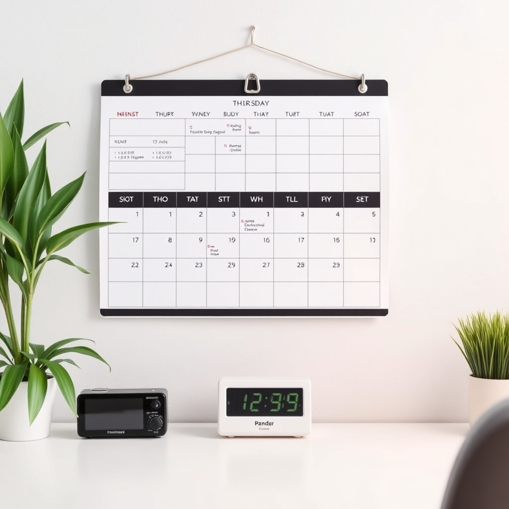 Calendar, timer, and planner on desk